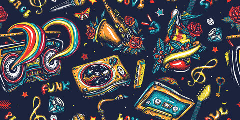 Retro music pattern. Musical instruments. Street lifestyle. Old school tattoo style. Dj vinyl, boom box, rock guitar and saxophone. Funny background. Jazz, funk, disco and soul concept - obrazy, fototapety, plakaty