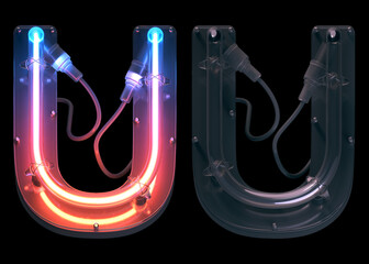 Ultra neon font. Turn off and on. Letter U. 