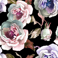 White roses and buds watercolor on black background seamless pattern for all prints.