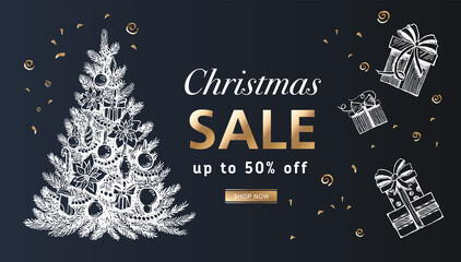 Christmas sale. Happy New Year and Merry Christmas . Hand drawn illustrations. Vector.	