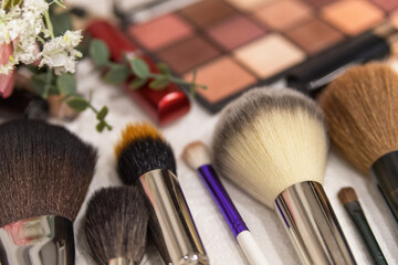 A set of brushes and professional cosmetics on the makeup artist's desk. Everything for applying...