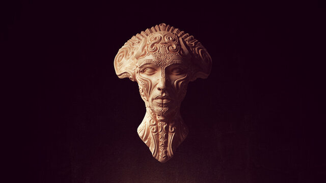 Alien Head Queen Statue Ancient Face Art Sculpture 3d illustration render