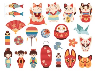 Japanese toys. National cultural lucky items, asian fortune symbols, daruma, maneki cat and kokeshi dolls, traditional masks and lights. Origami crane and paper fan vector cartoon set