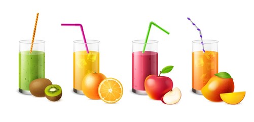 Fruit smoothies. Realistic glasses with juices and beverages, tropical fresh healthy drinks, diet and detox nutrition. Kiwi and orange, apple and mango cocktails and milkshakes vector set