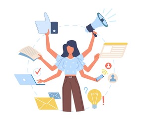 Multitasking woman. Versatile lady effectively decisive multiple cases at same time, hands perform actions, universal worker. Productive work in office, workaholic character vector concept