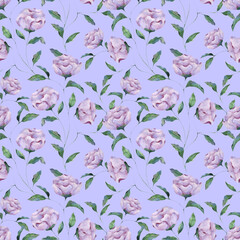 Fototapeta premium Seamless watercolor pattern of lilac peony flowers on a blue background. Botanical illustration for packaging design, texture, fabric, wallpaper, website, postcard.