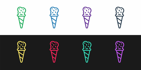 Set line Ice cream in waffle cone icon isolated on black and white background. Sweet symbol. Vector