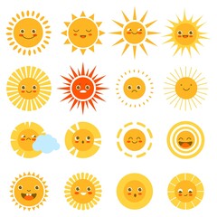 Sun characters. Cute happy summer weather icons, childish sunny emotion, funny beach smiles, sunshine baby emoji, yellow circles with different rays and faces. Print design vector cartoon set