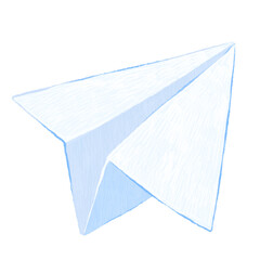 White paper folded airplane takes off. Colored bright sketch, abstract symbol. Illustration isolated on a white background, hand-drawn digital graphics