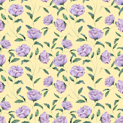 Fototapeta premium Seamless watercolor pattern of lilac peony flowers on a yellow background. Botanical illustration for packaging design, texture, fabric, wallpaper, website, postcard.