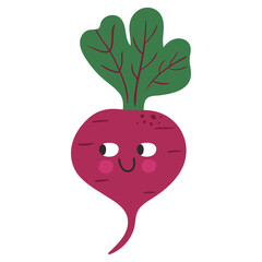 Cute and funny cartoon beet with face expression. Healthy food doodle vegetable vector illustration. Harvest object in flat style showing emotions. Ingredient for salad