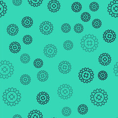 Black line Sunflower icon isolated seamless pattern on green background. Vector