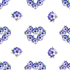 Рattern with purple hearts and flowers. Watercolor flowers on a white background. Seamless texture for decorating packaging paper, postcards, wallpaper, and fabrics.