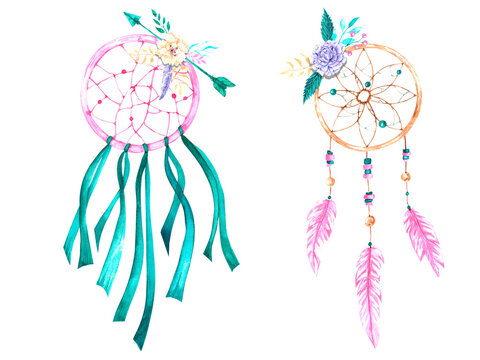 Watercolor illustration of dream catchers. Art for your design. The drawn elements of the clipart.