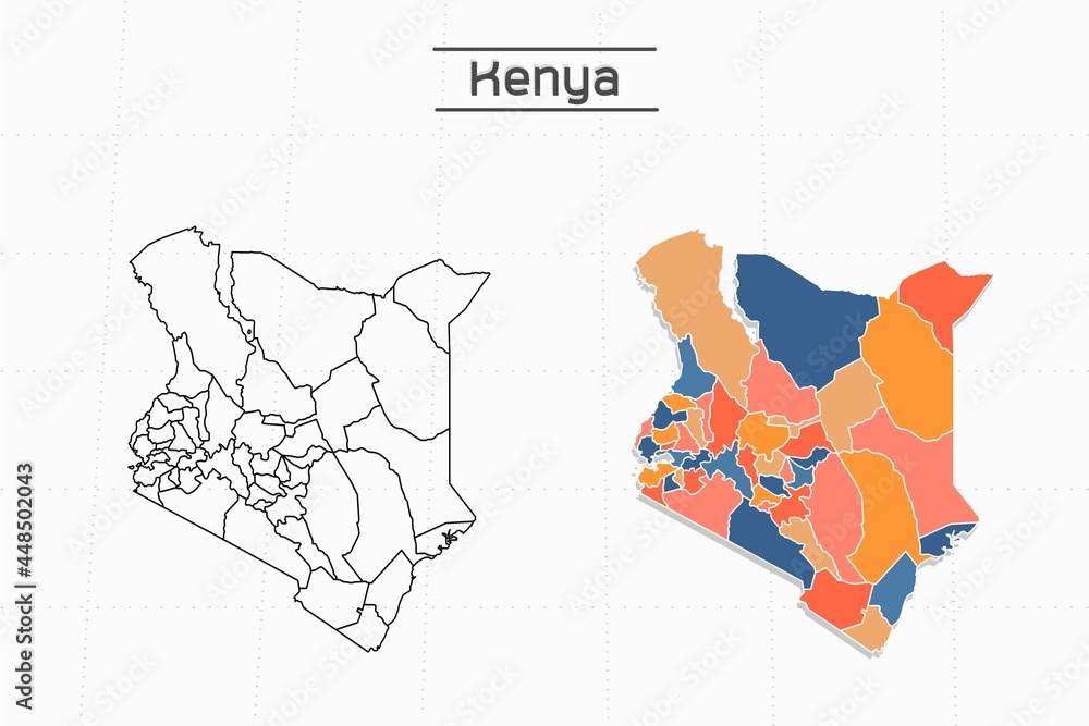 Wall mural Kenya map city vector divided by colorful outline simplicity style. Have 2 versions, black thin line version and colorful version. Both map were on the white background.