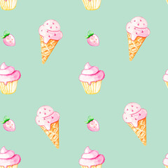 Pattern with cupcakes and ice cream. Watercolor illustration of sweets. Geometric seamless pattern for design.