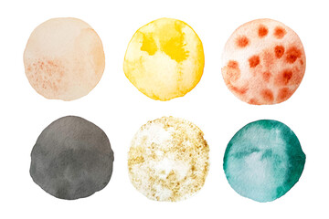 Hand drawn round watercolor textures on white background