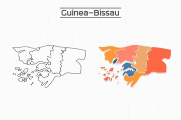 Guinea-Bissau map city vector divided by colorful outline simplicity style. Have 2 versions, black thin line version and colorful version. Both map were on the white background.