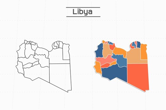 Libya map city vector divided by colorful outline simplicity style. Have 2 versions, black thin line version and colorful version. Both map were on the white background.
