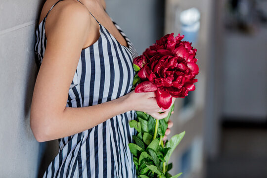 Felame in striped dress holding a red peonies