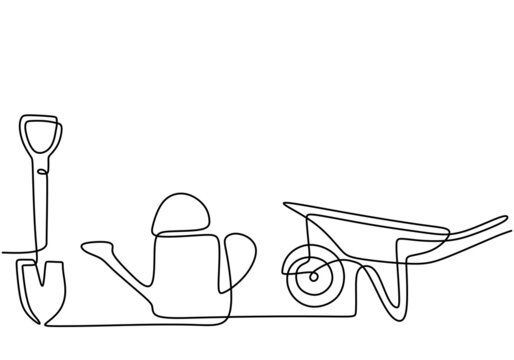 Garden wheelbarrow, watering can, and shovel in continuous one line drawing. Farmer equipment isolated on white background. Gardening and planting concept. Vector illustration minimalist design