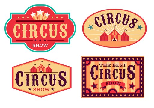 Emblems circus. Fun carnival festival, retro paper signboard, invitational banners and posters event labels. Red colors, striped tents and letterings on ribbons vector cartoon isolated set