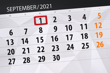 Calendar planner for the month september 2021, deadline day, 1, wednesday