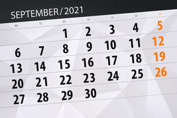 Obraz premium Calendar planner for the month september 2021, deadline day
