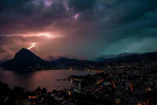 Thunderstorm with heavy lightning in Lugano, Switzerland