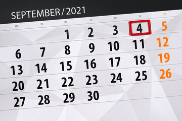 Obraz premium Calendar planner for the month september 2021, deadline day, 4, saturday