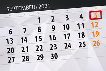 Obraz premium Calendar planner for the month september 2021, deadline day, 5, sunday