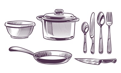 Utensils kitchen. Cooking metal chef equipment sketch style collection. Frying pan and saucepan, knife and fork, spoon and bowl. Hand drawn home and restaurant kitchenware vector isolated set