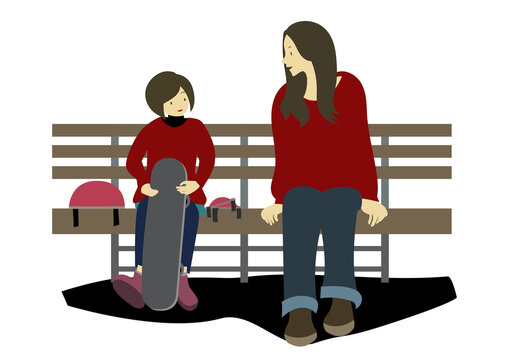 イラスト素材：公園でスケートボードの練習前にベンチで話をする親子のイラスト