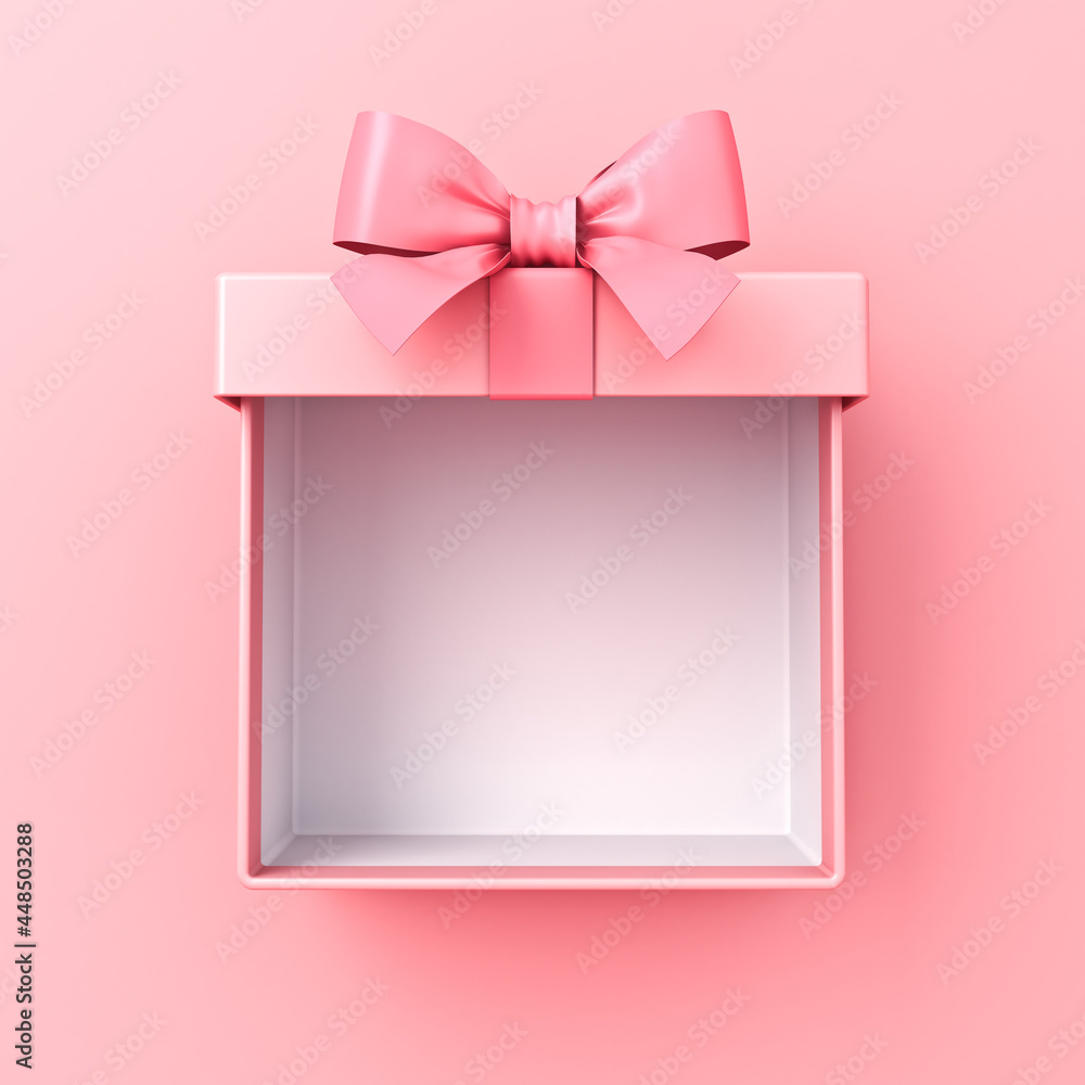 Aufkleber open pink gift box or top view of blank pink pastel color present box tied with pink ribbon and bow 