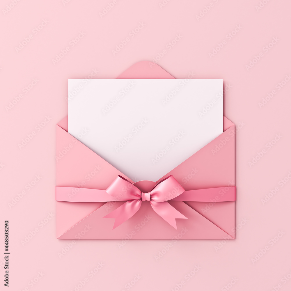 Poster blank note paper in pink envelope with pink ribbon bow isolated on pink pastel color background with