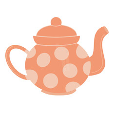 Tea pot vector illustration isolated on white background. Cute hand drawn ceramic peach color teapot kettle for brewing tea decorated with dots