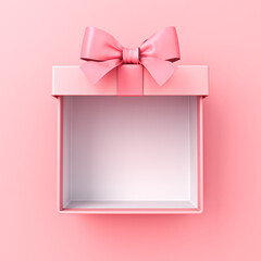 Open pink gift box or top view of blank pink pastel color present box tied with pink ribbon and bow isolated on pink pastel color background with shadow minimal conceptual 3D rendering - obrazy, fototapety, plakaty