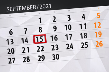 Obraz premium Calendar planner for the month september 2021, deadline day, 15, wednesday