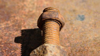 old rusty bolt, iron rod with screw threads. Rusted mechanical components. threaded bolt and nut isolated close up. dismantling concept, difficult to unscrew, non-removable. selective focus - obrazy, fototapety, plakaty