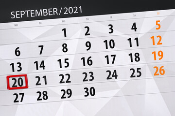Calendar planner for the month september 2021, deadline day, 20, monday