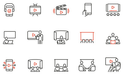 Vector Set of Linear Icons Related to Video Content, Media Product and Joint Viewing. Mono Line Pictograms and Infographics Design Elements