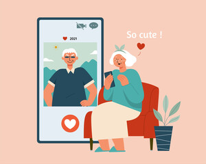 Senior woman swiping dating app - obrazy, fototapety, plakaty