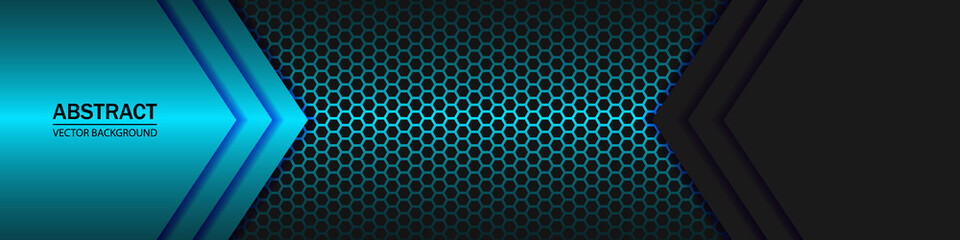 Blue and black arrows on a blue neon hexagonal grid. Geometric shapes on a hexagonal red grid.