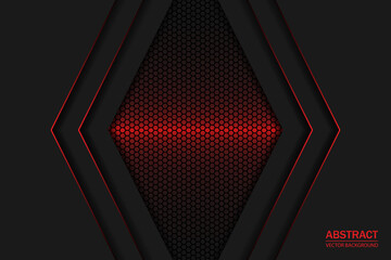 Red and black shapes, stripes, arrows and lines on a dark hexagonal carbon fiber background. Geometric shapes on a hexagonal red grid.