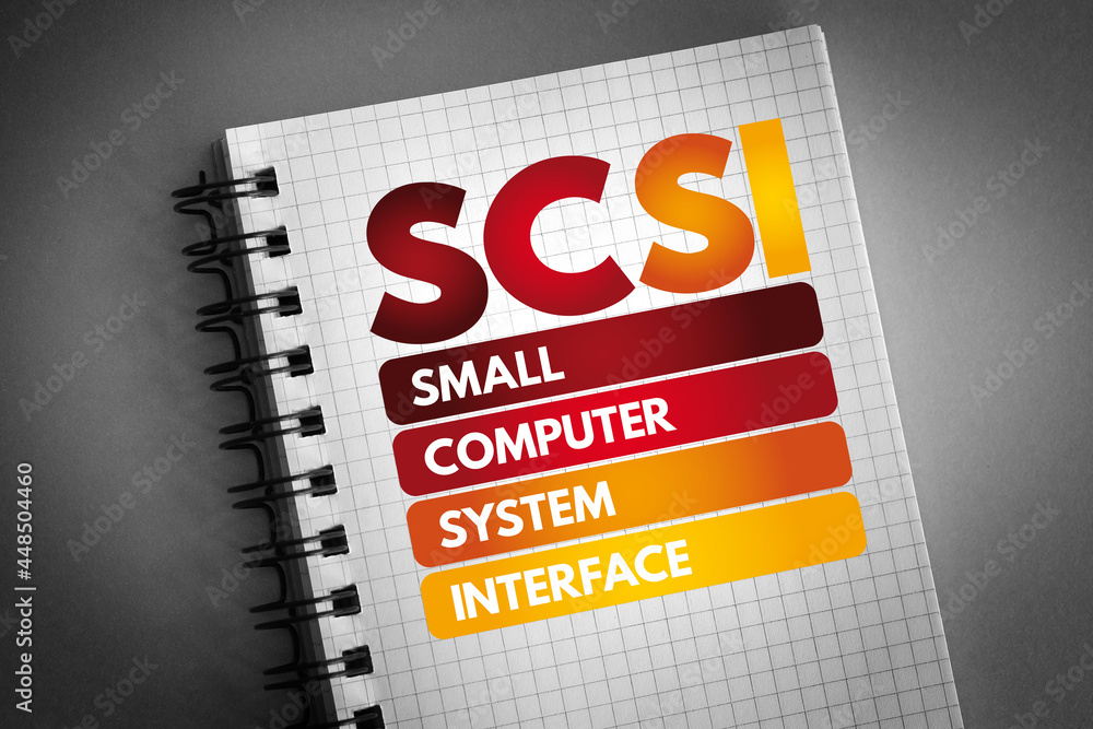 Poster scsi - small computer system interface acronym on notepad, technology concept background