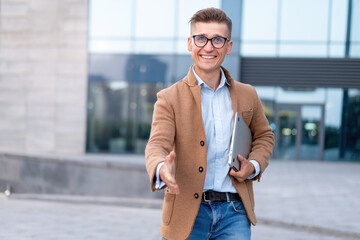 Business. Businessman Giving Hand For Handshake Welcome Gesture