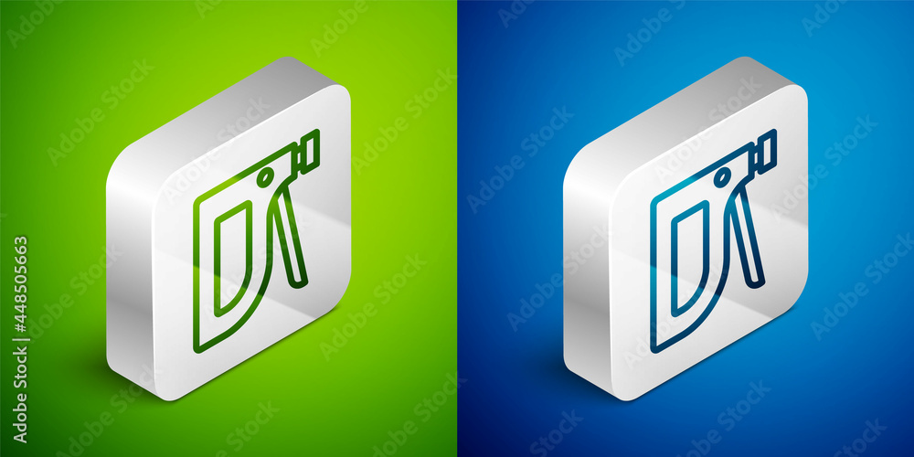 Poster isometric line construction stapler icon isolated on green and blue background. working tool. silver