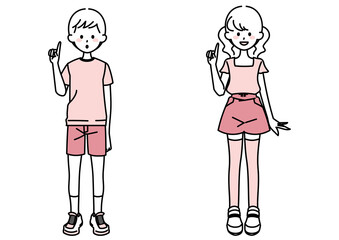 指を立てる小学生男女セット