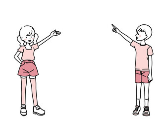 指を立てる小学生男女セット