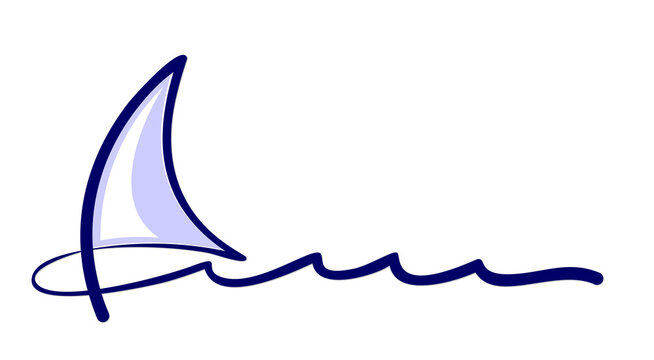 One line symbol of blue sailboat in the sea.  